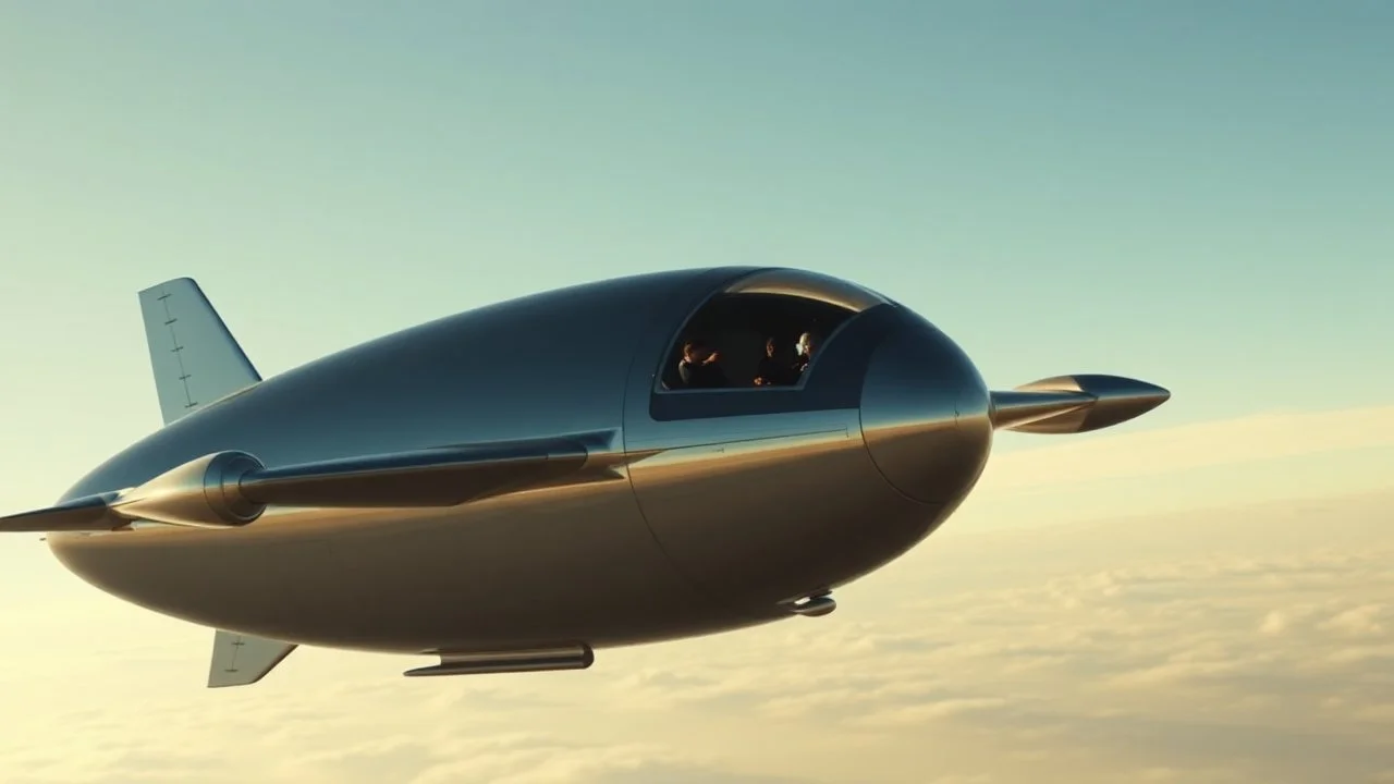 a high definition screen shot of a jet-fighter vw-beetle, blimp retrofuturistic, phototrealism, in flight, one subject,