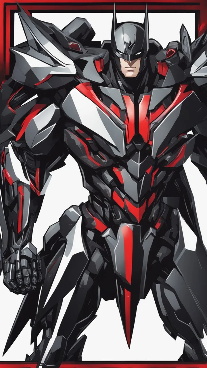A close picture to Mix between symbiote and machine and batman in transformers cyborg with black metal and red details armor in solo leveling shadow art style with red details detailsis in fantasy world