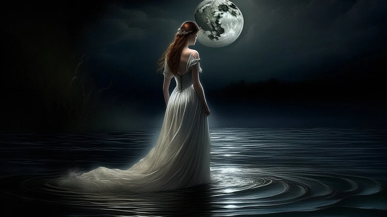 A woman in a flowing white gown stands in dark water, her back to the viewer. She gazes at a full moon in a dark, cloudy sky. The water around her reflects the moonlight and her dress, creating shimmering patterns. The scene is dramatic and atmospheric, with a sense of mystery and solitude. The style is reminiscent of Romantic or Pre-Raphaelite paintings, with a focus on mood and emotion.