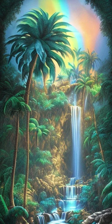 Triipy rainbow turquoise neon waterfall with palm trees sparkling at night in a cave detailed realistic glowing