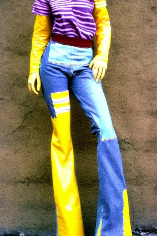 Photograph of a woman. Low waist jeans! bright blue jean,baggy, 1996!Huge plant prints on denim,terracotta,cream,purple,lilac. Cream colored latex parts. imperial yellow, red plum stripes, only on the top half of t-shirt. European daft punk woman. Mantle is sewed of recycled Denim and sewed together of recycled polymer felt. lace, Yellow(Munsell) areas. hint of orange as effect color!!Big bright purple/khaki felt tippet and cream or blue or lilac colored-hood. mantle is merged with cobalt bole