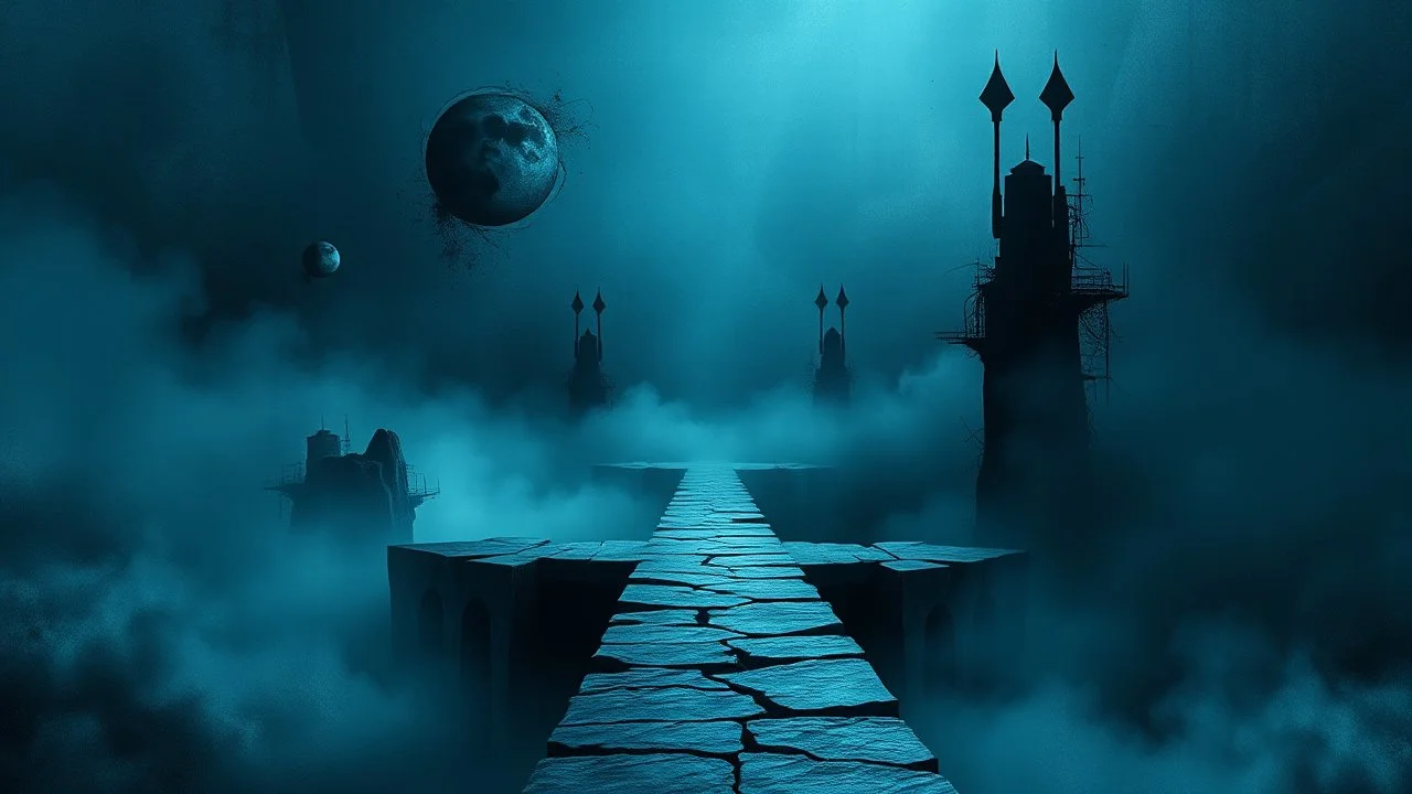 passage over nothingness, surreal, dark and cold abstract artwork dominated by deep blue, icy cyan, charcoal black and muted steel-grey tones. An narrow passageway emerges from an abstract distorted weird landscape, surrounded by thick fog and drifting mist. The space feels nightmare, alien and unsettling, with floating circle and arrows geometric forms, black onix towers architectural fragmented and unnatural perspectives. At the center of the composition cracked stone way over abyss