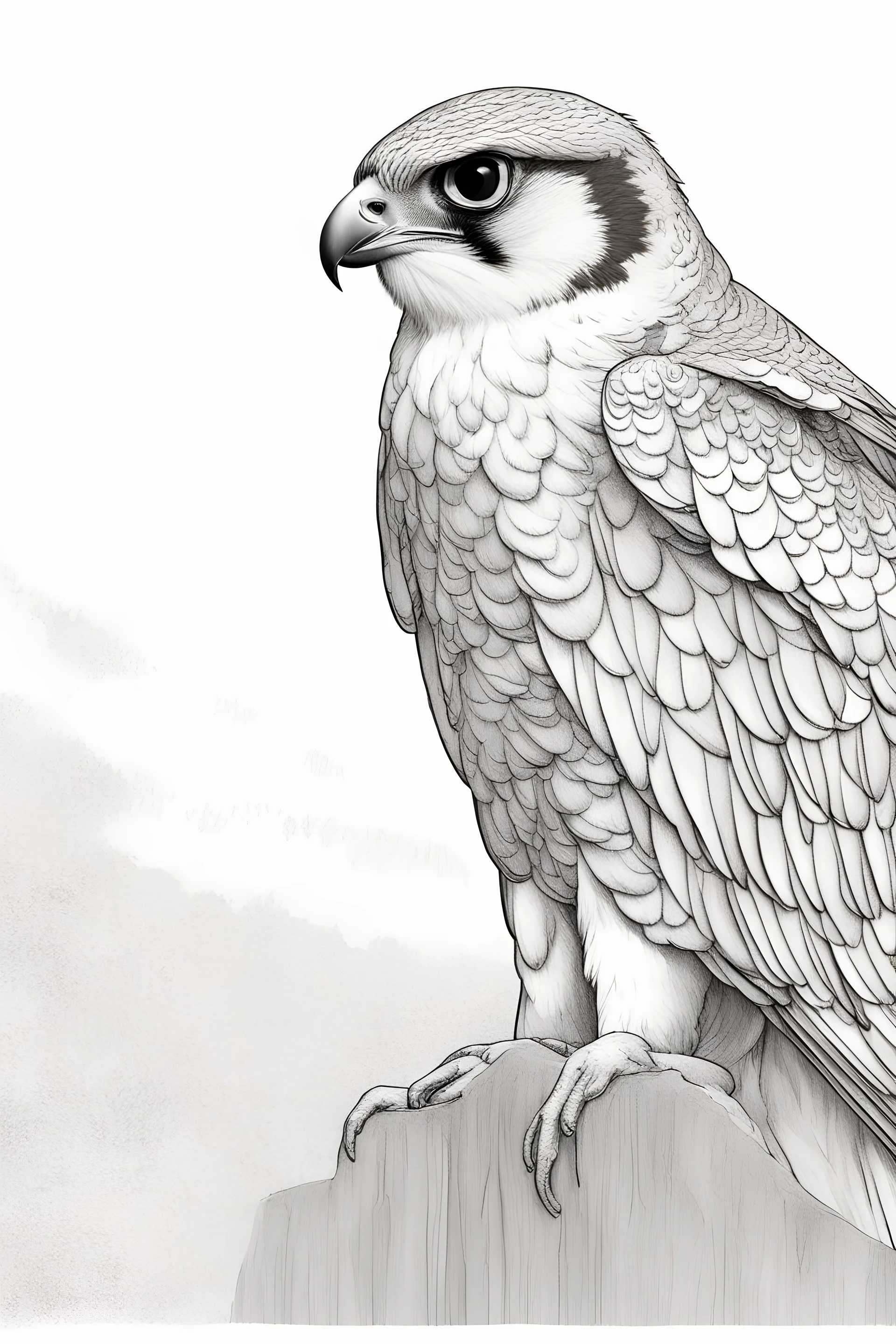 "Create an AI line art piece featuring the Peregrine Falcon, half body short, front short, one of nature's fastest and most agile predators. Capture the bird in flight, showcasing its incredible speed and grace. Highlight the intricate details of its feathers and the intensity in its eyes, embodying the essence of this magnificent raptor."