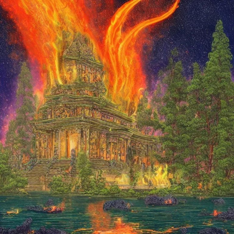 A large and ancient temple made of glowing fire and lava in the middle of a beautiful and large lake full of mermaids with beautiful rainbow-colored tails in the middle of a thick and green forest and surrounded by tall and sturdy trees, complete painting elements And with fine and detailed details, neon color and happy colors, crescent moon and many stars in the sky, painting view from afar, full HD, 8K, 16K, 24K