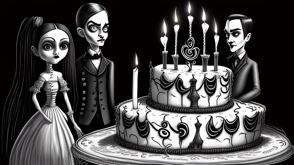 draw a birthday cake with logo number 23 or one candle 23 .Insanely detailed Addams Family movie still with Barbie dolls, art by tim burton