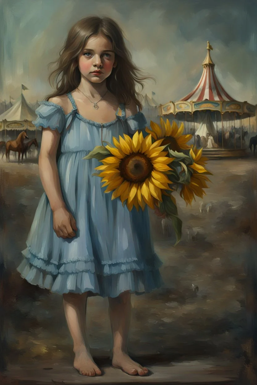 solemn girl in a worn blue dress stands barefoot in a dusty carnival setting, holding a sunflower. A carousel and faded tents loom in the background, with shadowy horses nearby.