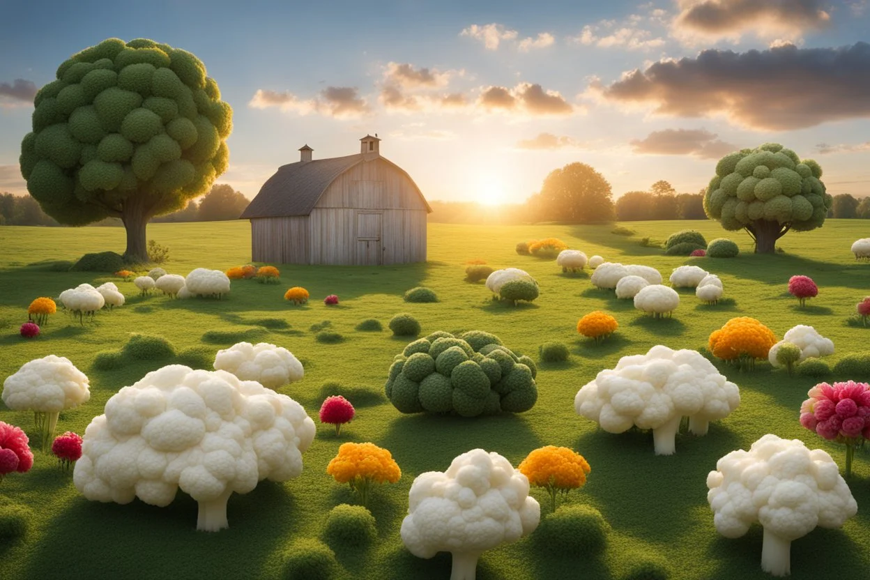 lifelike photography, vegetable and fruit landscape, broccoli forest, chive field, cauliflower sheep, orange sun, whipped milk clouds, raspberry flowers, cheese barn and haystack in sunshine