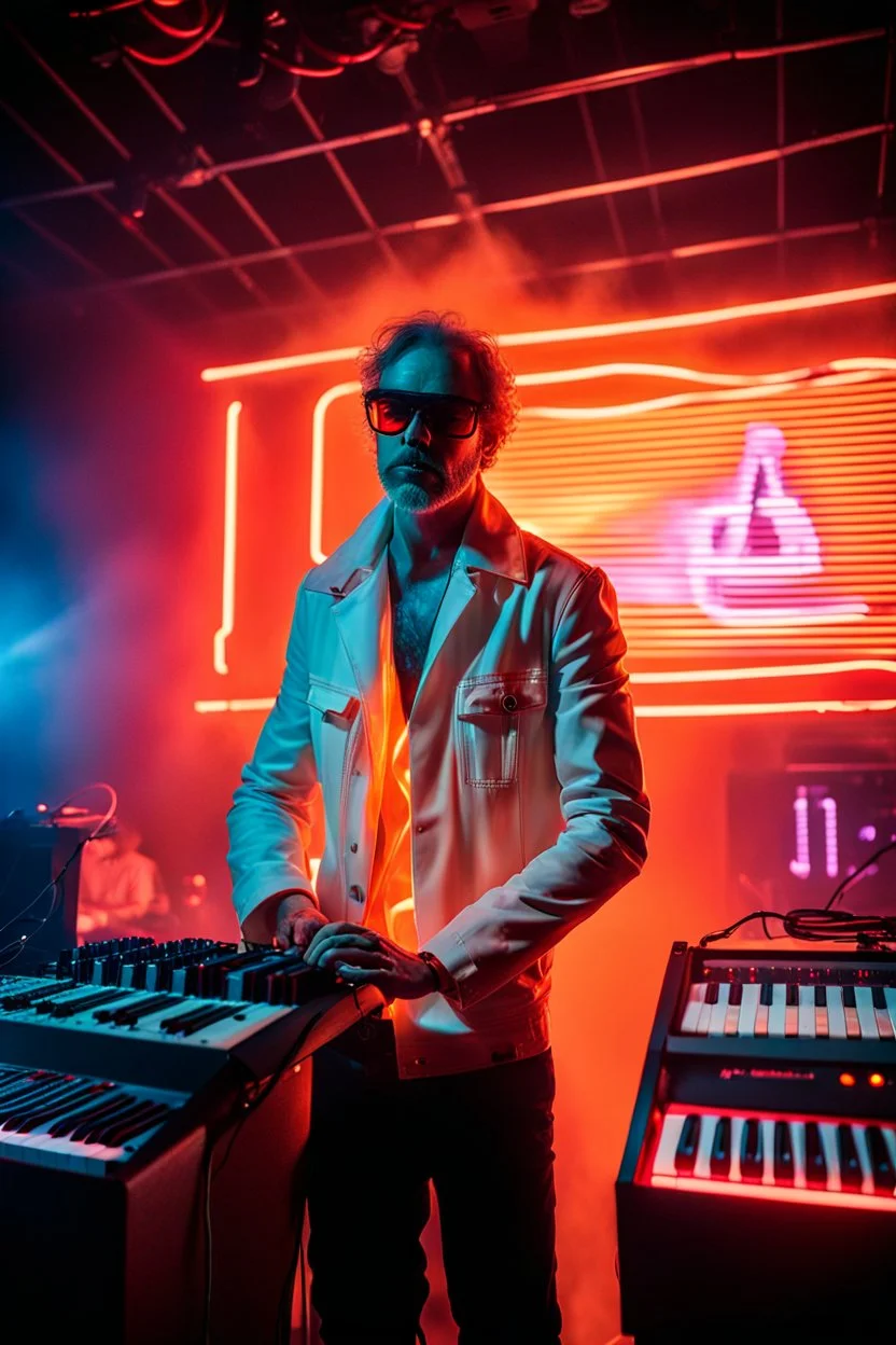 French cool synth player, he is called "Jean-Maurice Brûlée" performing at dance club, his name is "Jean-Maurice Brûlée" , white and orange Neon lights and orange smog, and "URANIUM" big sign on the wall, he is playing on synthesizers on stage with lot of laser beams and wearing black sunglasses, an earth is projected in background
