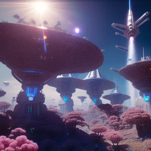 Spaceship landed on futuristic planet, sunny day. clear blue sky, cascade, flowers. Elegant. Extremely detailed. Award winning photography. Fantasy. 8k. Cinematic lighting. Photorealistic. Dynamic lighting. Imperial colors. Crisp quality. Unreal Engine. Colourful cinematic postprocessing. Pixar. VRay.