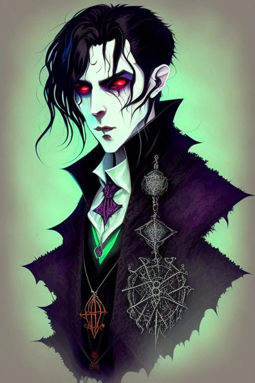 black haired young man necromancer wizard with gothic jewelry in the style of hp lovecraft