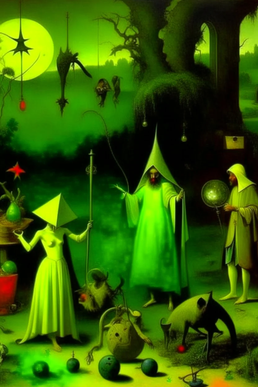 some mysterious figures, odd background, cinematic, Hieronymus Bosch, Max Ernst, vegetal life, rotten, ambient light, cry, ritual