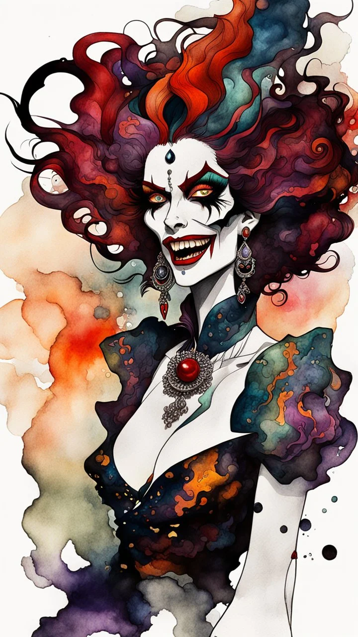 highly surreal abstract expressionist, digital ink wash and watercolor, full body, caricature illustration by Egon Schiele of a psychedelic vampire sorceress with highly detailed hair and facial features, overly exaggerated mouth, thick lips, manga inspired, vibrant natural color palette, , unusual colors, trippy, inspired by Cruella Deville