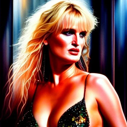 Ultra detailed Portrait in oil on canvas of young beautiful busty Daryl Hannah Blade runner,extremely detailed digital painting, extremely detailed face,crystal clear Big eyes, mystical colors ,perfectly centered image, perfect composition, rim light, beautiful lighting,masterpiece,8k, stunning scene, raytracing, anatomically correct, in the style of robert e howard and Ken Kelley and Ohrai Noriyoshi and Simon Bisley and tomzj1