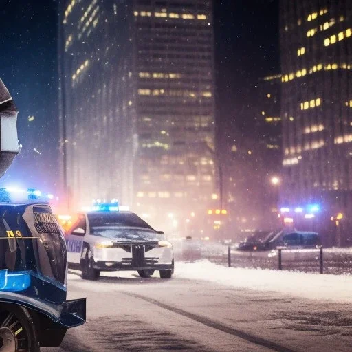 large muscular police officer standing beside a police car at night, downtown snowy new york at night, dramatic, dramatic lighting, volumetric lighting, hyperrealism, 8k, high quality, photorealistic, lot of details