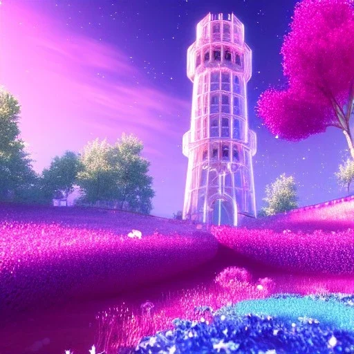 Blue cristal tower in a flowery countryside, glitter pink in a galactic ambiance, delicate colors in the foreground, full of details, smooth, light effect，vaporwave colorful, smooth, extremely sharp detail, finely tuned detail, ultra high definition, 8 k, unreal engine 5, ultra sharp focus