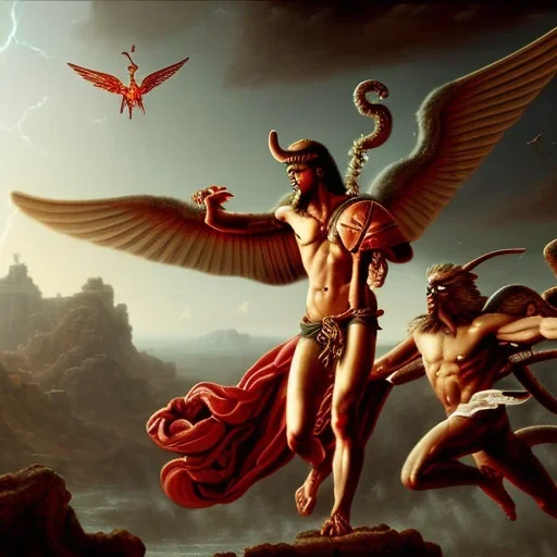 The winged messenger Hermes delivering a message to Zeus but Zeus is a Hydra. Medusa and the Minotaur are fighting in the background. High definition oil painting.