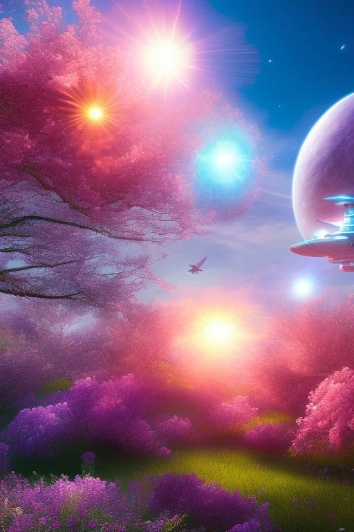 digital illustration, a world full of life divine thrill of biological tranquil sky, flowers, spaceship, , bright color splashes, high detailed 8 k