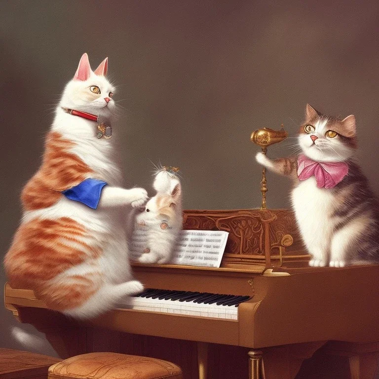 A cat in a historic dress is playing Piano. Background Music notes are dancing. Painting style like Beatrix Potter