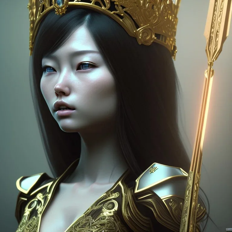 hitomi tanaka face, long black hair, middle body, Unreal Engine 5, highly detailed, highest quality, digital painting, complex 3d render, unreal engine render, insane detail, intricate photograph quality, magnificent, majestic, highly intricate, Realistic photography, grand hall, wicked throne, holding scepter, crown of barbwire, dark color palette, metallic, highly detailed, highest quality, digital painting