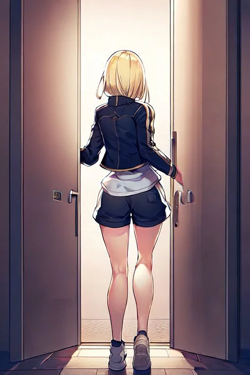 blonde girl with short jacket and shorts runs in a corridor in front at a mystery door, back view, line arts, manga style