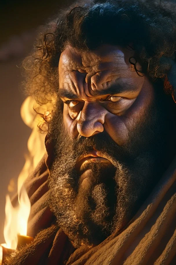 close up photography of a giant tall 55 year old burly angry chubby arab bearded, curly hair, long beard, manly chest, traditional robe, bulge, angry eyes , photorealistic, ambientmidnight, lit by bonfire, ambient occlusion, occlusion, side light , sitting in the desert