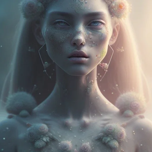 old cracked skulls, flower beautiful girl,utra realistic,highly detailed, sharp focus, insanely detailed, honeybee, fantasy art, intricate detailed, elegant, fog, Special Lighting, Vibrant, color Scheme, forest, unreal engine 5, trending on artstation