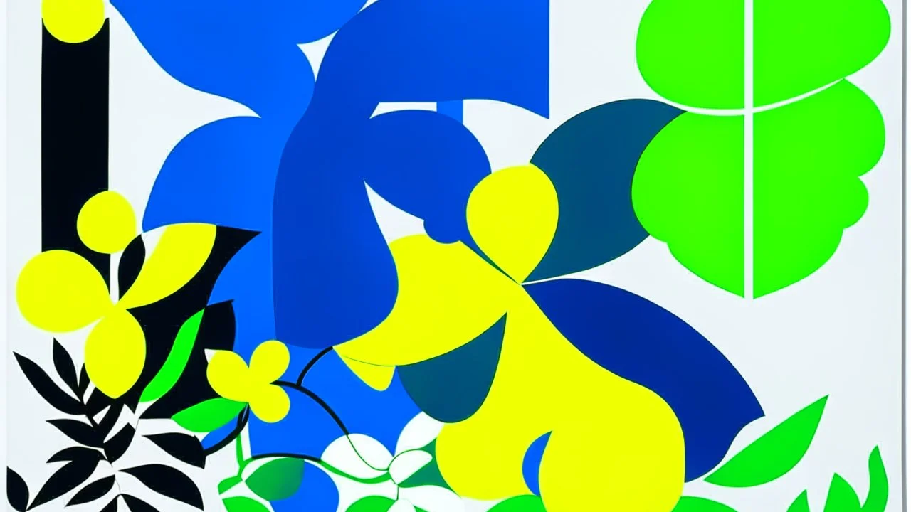 An exquisite minimalist illustration by Matisse featuring a serene garden adorned with simple, geometric shapes of flowers. Electric green and yellow leaves and petals contrast against a light background, while bold blue outlines define the shapes. The cutout style creates a harmonious balance of color and form.