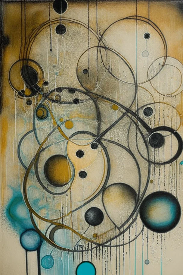 Abstract wet oil painting, ink lines, interlinked circles