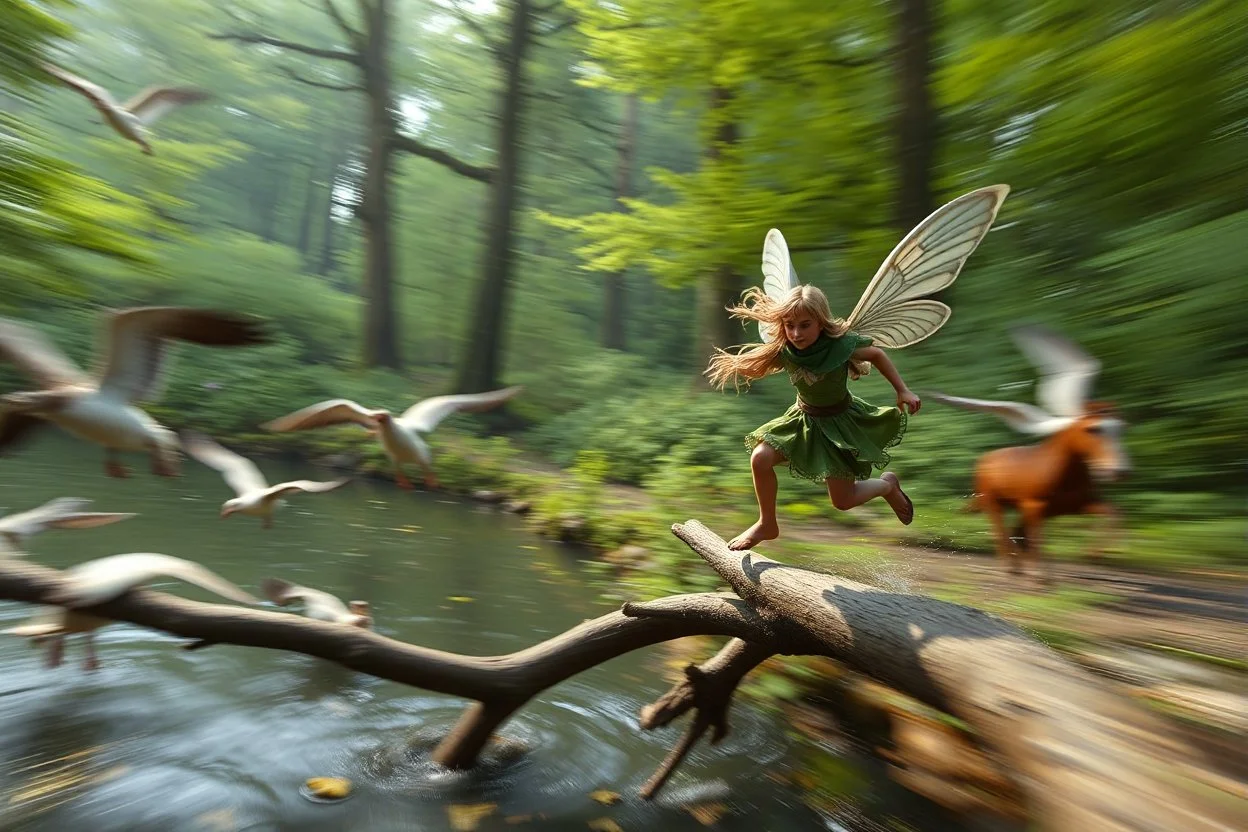 oil painting ,motion blur running caped long haired pixie Quickling - Forgotten Realms dodging geese above water and along winding branches in lush green forest along speeding horses , bokeh like f/0.8, tilt-shift lens 8k, high detail, smooth render, down-light, unreal engine, prize winning