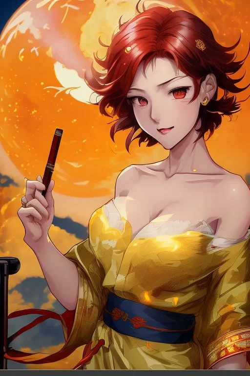 (Asian), short hair, fiery red hair hair, normal hands yukata, yellow clothes, 8k, best quality, winking, very dark night time, lighting from moon yellow moon, perfect, masterpiece, anime style, cartoon style,