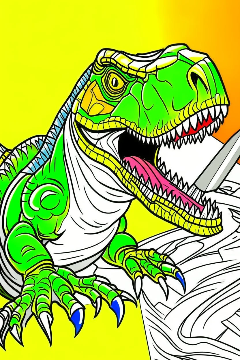 create a coloring page: Show a T-Rex raising its claws in a threatening display to ward off intruders from its territory. Kids can color the claws with sharp, contrasting colors to make them stand out. ink drawing clipart, simple line illustrations, colored