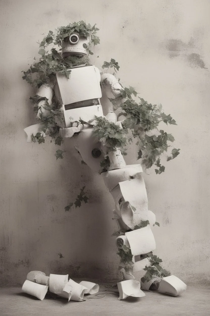rollerflex photograph 1950s, dusty, robot made from toilet paper and infected with ivy, 4k, no