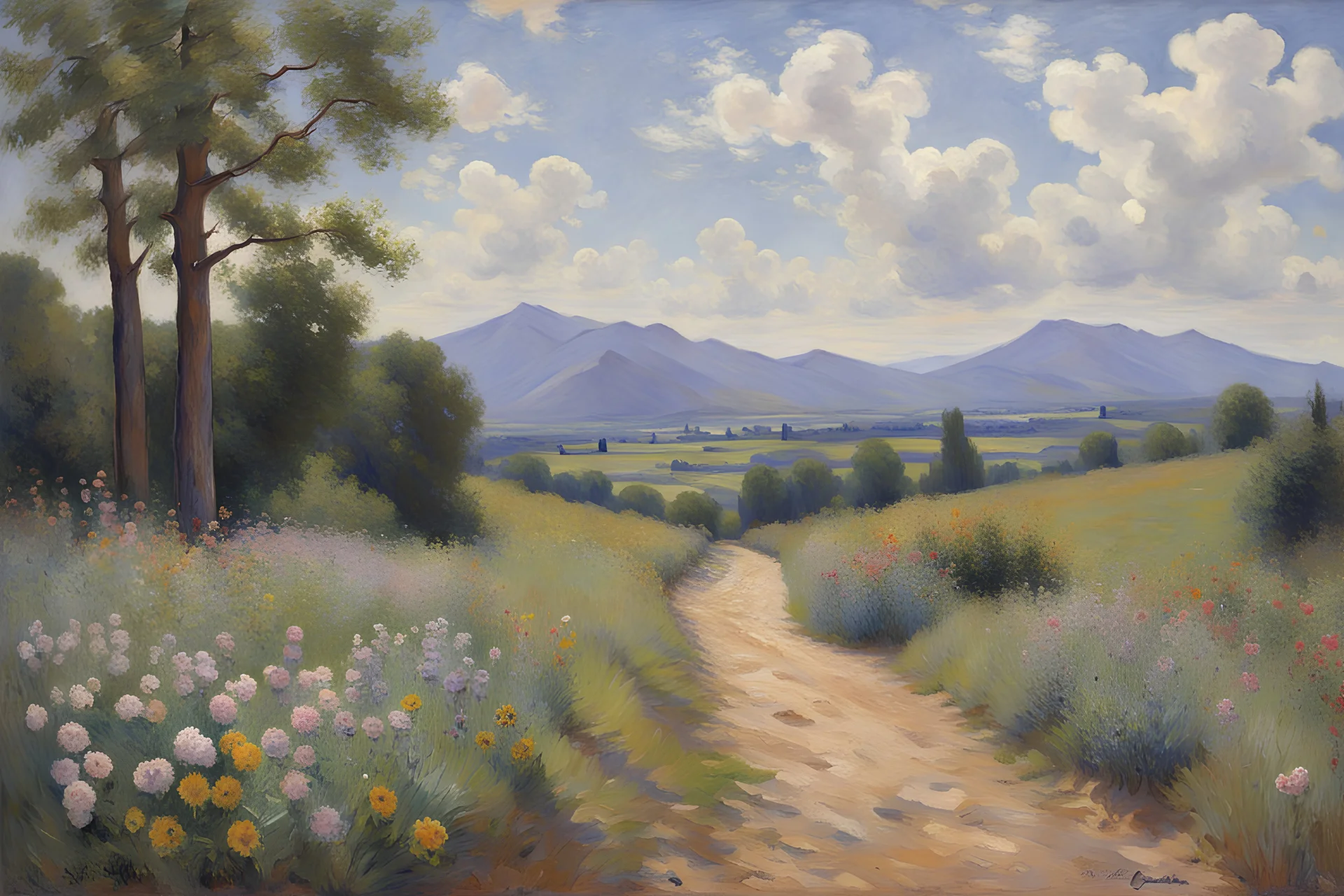 Sunny day, clouds, flowers, mountains, rocks, trees, epic, gustave caillebotte impressionism paintings