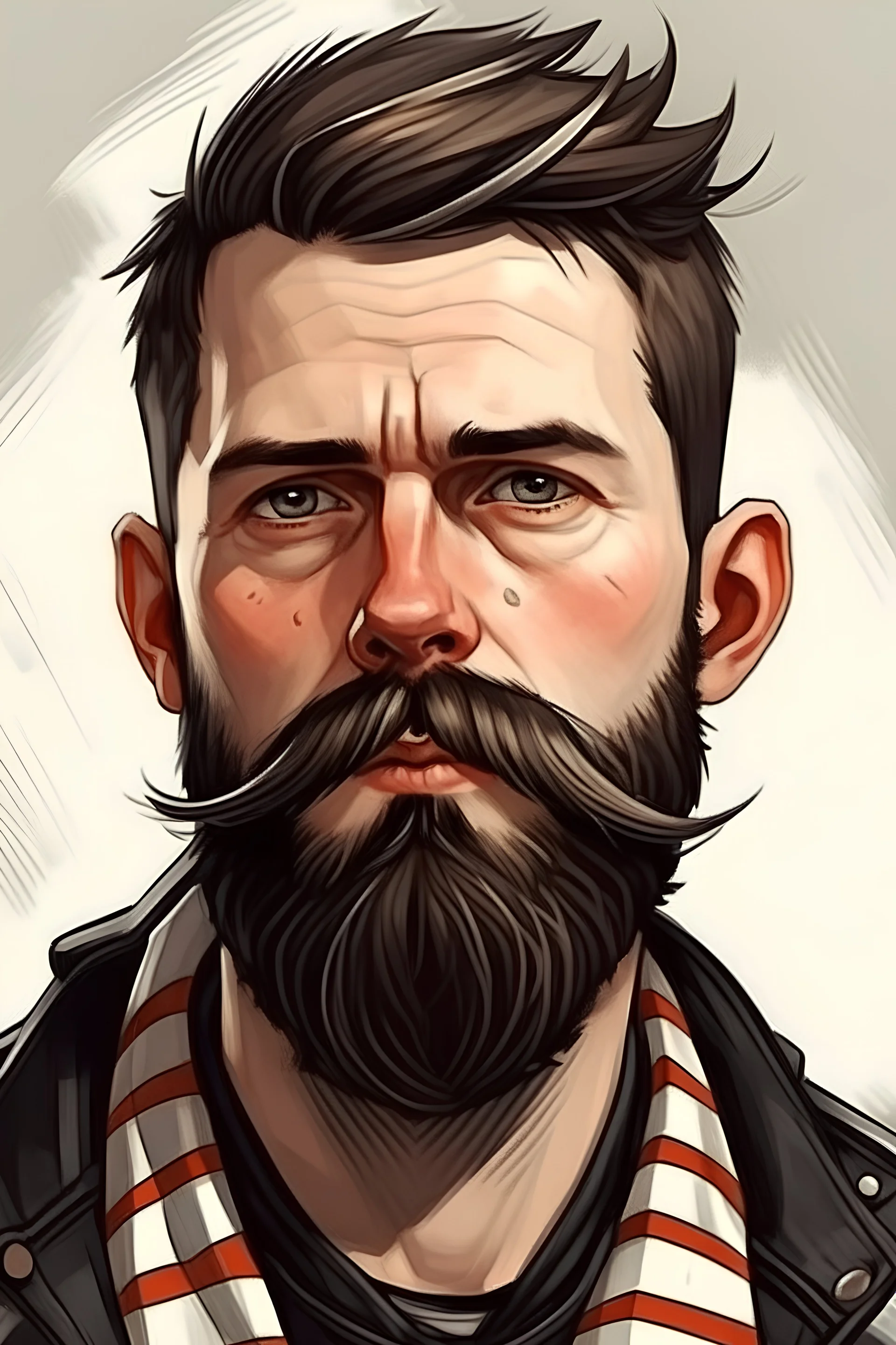 biker man with short brown hair and stripes painting on right and left chin short beard