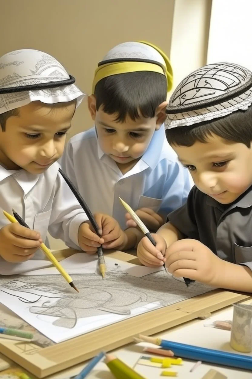 Saudi children playing with drawing tools