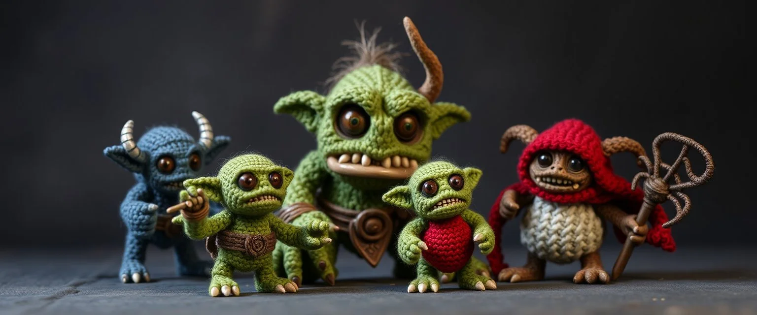 knitted goblins and an ogre and a beholder eye tyrant