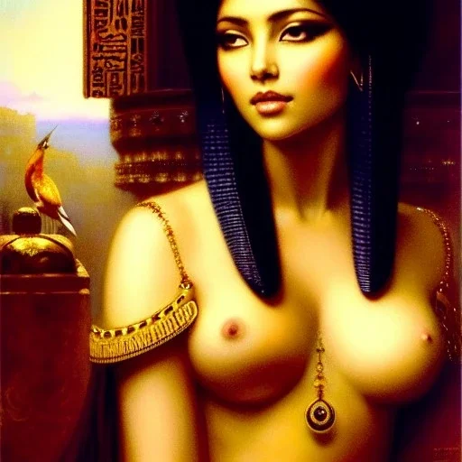 Drawing of beautiful face,busty 'cleopatra',throne,hieroglyphics,balanciaga fashion clothe painting by gaston bussiere, greg rutkowski, yoji shinkawa, yoshitaka amano, tsutomu nihei, donato giancola, tim hildebrandt, oil on canvas, cinematic composition, extreme detail,fit full head inside picture,16k