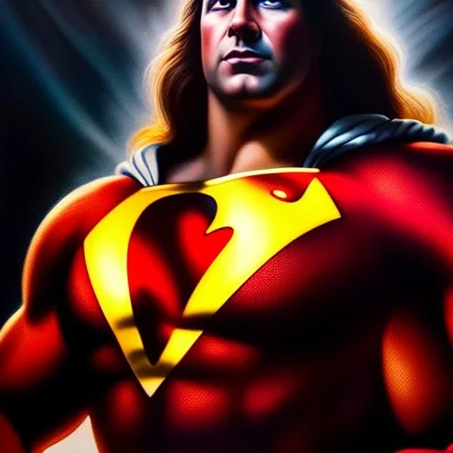 Ultra detailed fullbody Portrait in oil on canvas of Shazam ,intense stare,extremely detailed digital painting, extremely detailed face,crystal clear Big eyes, mystical colors ,perfectly centered image, perfect composition, rim light, beautiful lighting,masterpiece,8k, stunning scene, raytracing, anatomically correct, in the style of robert e howard and Ken Kelley and Ohrai Noriyoshi and Simon Bisley and tomzj1