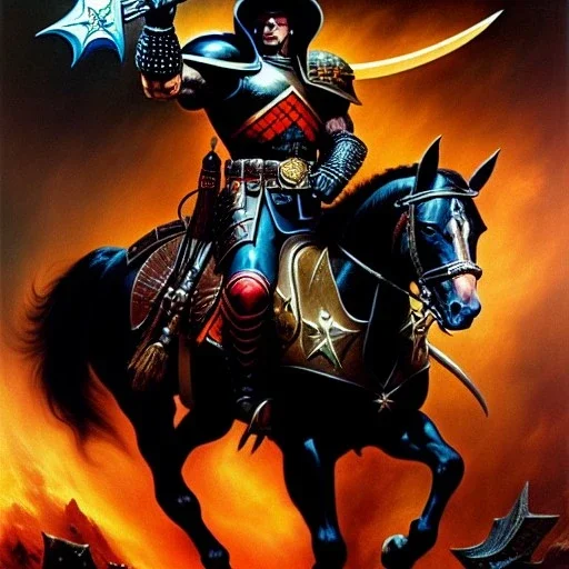 portrait oil on canvas, Death Dealer riding black horse ,shield right arm, axe left arm,comic book cover, mystical colors,insanely detailed,realistic,intrincate detail, 16k resolution, masterpiece,Frank Frazetta,Alex Horley, Simon Bisley,Oscar chichoni