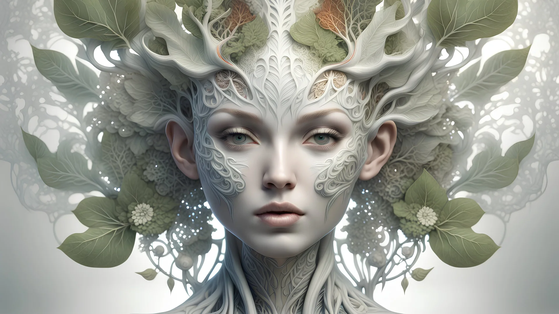 3D render ultra detailed of a beauty white glossy, swoman DRYAD, from knee to head, biomechanical cyborg, analog, 35 mm lens, beautiful natural soft rim light, big leaves and stems, roots, fine foliage lace, colorful details, samourai, earring, heavely tattoed, intricate details, mesh wire, mandelbrot fractal, facial muscles, cable wires, microchip, badass, hyper realistic, ultra detailed, octane render, volumetric lighting, 8k post-production, red and white, detailled metalic bones, semi human