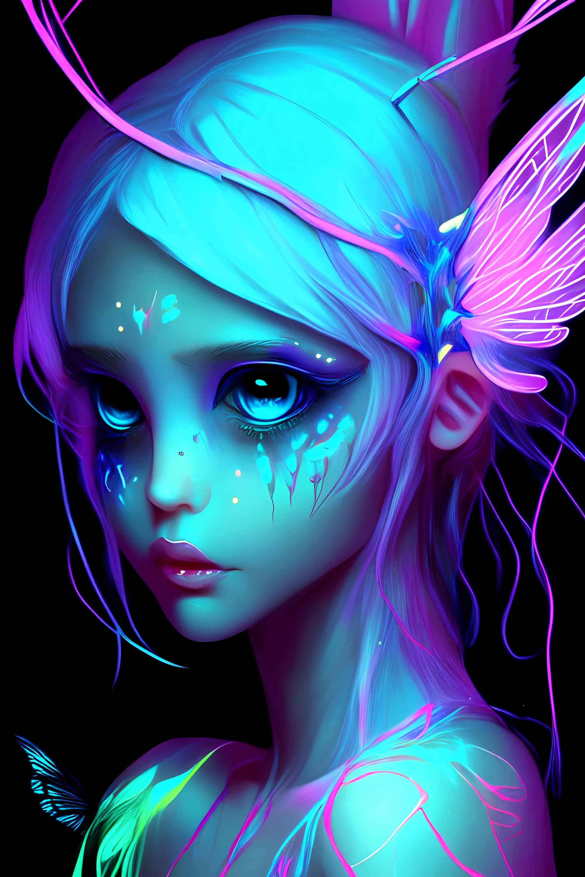 neon scars. angelic fairy. ethereal dimension. body full of neon colored scars. fragile fairy, glossy detailed eyes.