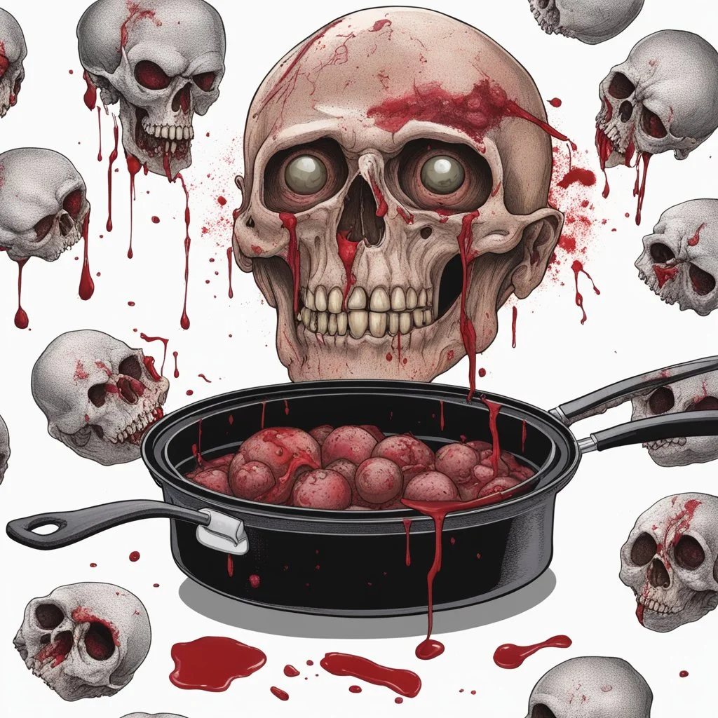 A cooking pan full with blood and guts and human remains head eyes balls