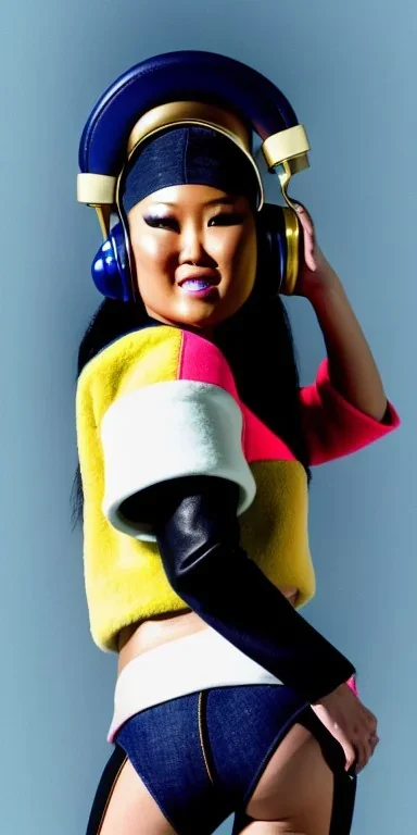 Asa Akira, thick thigh, thick calves. Bar at right showing Fashion colors in 2023. Style futurism, 1996, daft punk around the world,details,.Mantle is sewed of recycled Denim and sewed together felt pieces.Big headphones, with gold rings, is merged with small felt cap with small visor. A bag is integrated to the mantle. Big camouflage Patterns are composed of orange, cream, blue, lilac and purple. LATEX (blue). It is with big bright purple felt tippet and cream-colored-hood. tippet, Apricot Crus