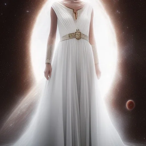 model shoot style, digital art zoomed out portrait of (Princess Leia) ((dressed in white and off white gown)), surrounded by 100 planets, ultra-detailed, ultra quality, illustration, eerie atmosphere, 8k, cinematic lighting