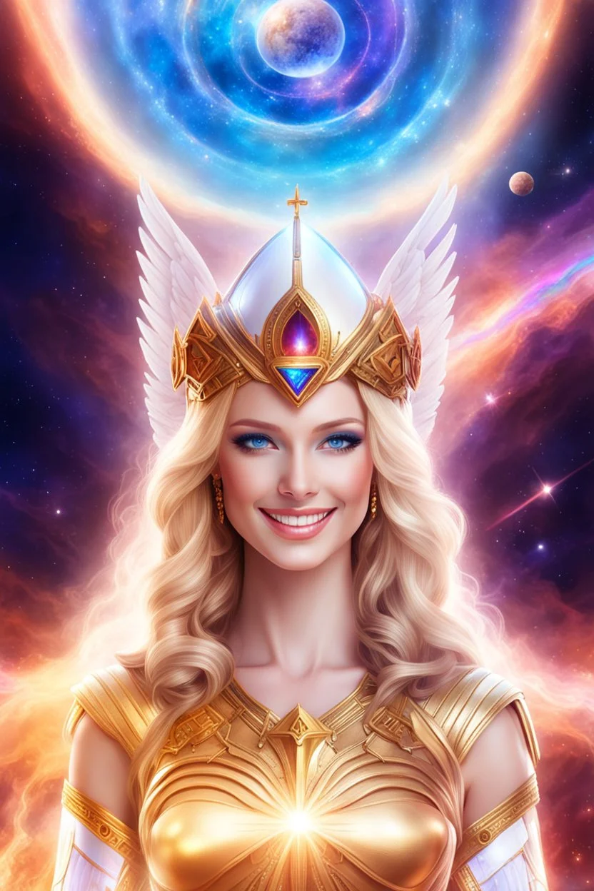 cosmic woman angels smile, admiral from the future, one fine whole face, crystalline skin, expressive blue eyes,rainbow, smiling lips, very nice smile, costume pleiadian, Beautiful tall woman pleiadian Galactic commander, ship, perfect datailed golden galactic suit, high rank, long blond hair, hand whit five perfect detailed finger, amazing big blue eyes, smilling mouth, high drfinition lips, cosmic happiness, bright colors, blue, pink, gold, jewels, realist, high commander,ufo rainbows