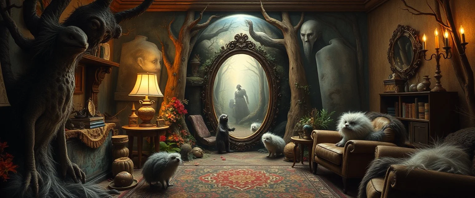 in the magical mirror forest we get a strange portrait of a living room, and you enter the strangest bubble doorway to weird dimension and the aura of its heavenly fluffy elevated messed up woodland and ad & d monster creatures flock painted by Nerdrum and Rembrandt