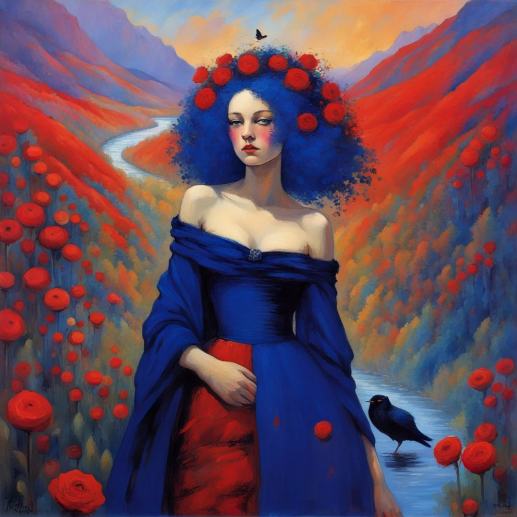 Art by Alice Rahon, Richard Burlet, Odilon Redon, Raymond Swanland, Andrey Remnev, Conrad Roset; Rebellious ravishing girl Rachel, regal in royal blue and ribuli, roaming through the radiant realm of the rainbow river valley with her ruby colored hair, meets a rare raven in a rolling hills of resplendent roses and rustling reeds, under a riotous reflective hues sky.