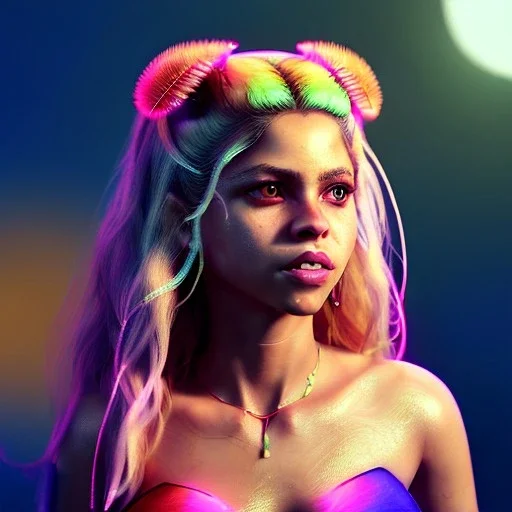 Shakira, artist, 30 years old, Realistic image, waist up portrait, etro style dress. Blonde, feathers, loose long hair, eyes make up, perfect, glow, circle iris. Neon colors, leds, geometric shapes. Dark background, photo studio, neon lights. Cyberpunk, concept art, smooth, unreal engine 5, god lights, ray tracing, RTX, lumen lighting, ultra detail, volumetric lighting, 3d, finely drawn, high definition, 4k.