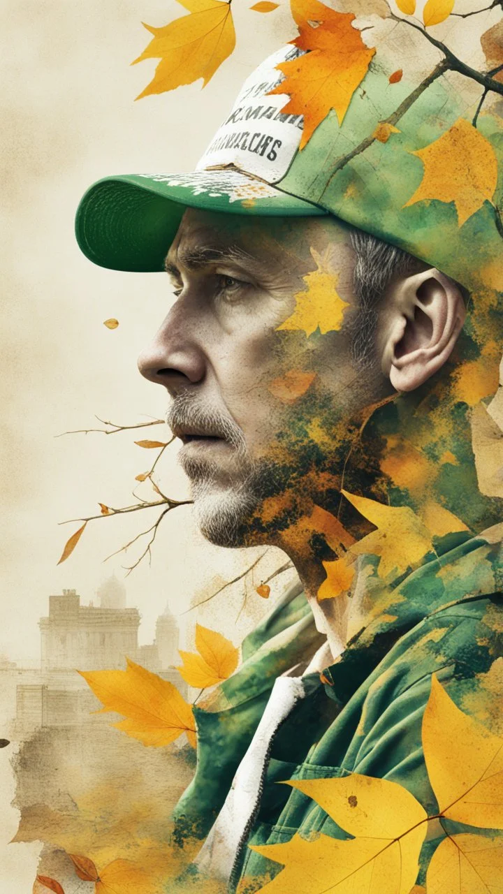 background old, cracks, yellow, torn canvas, gouache, double exposure, man, baseball cap, 40 years old, fine drawing, blots, newspaper scraps, leaves, green, autumn, city, branches, rowan, 8K, double exposure