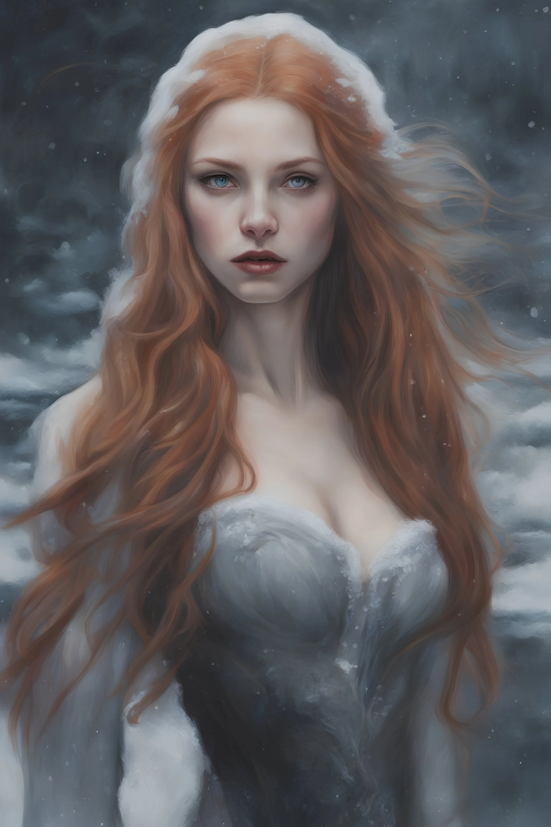 Vampire, eye candy Alexandra "Sasha" Aleksejevna Luss oil paiting style Artgerm Tim Burton, subject is a beautiful long ginger hair female in a snowy seascape in the ice vampire